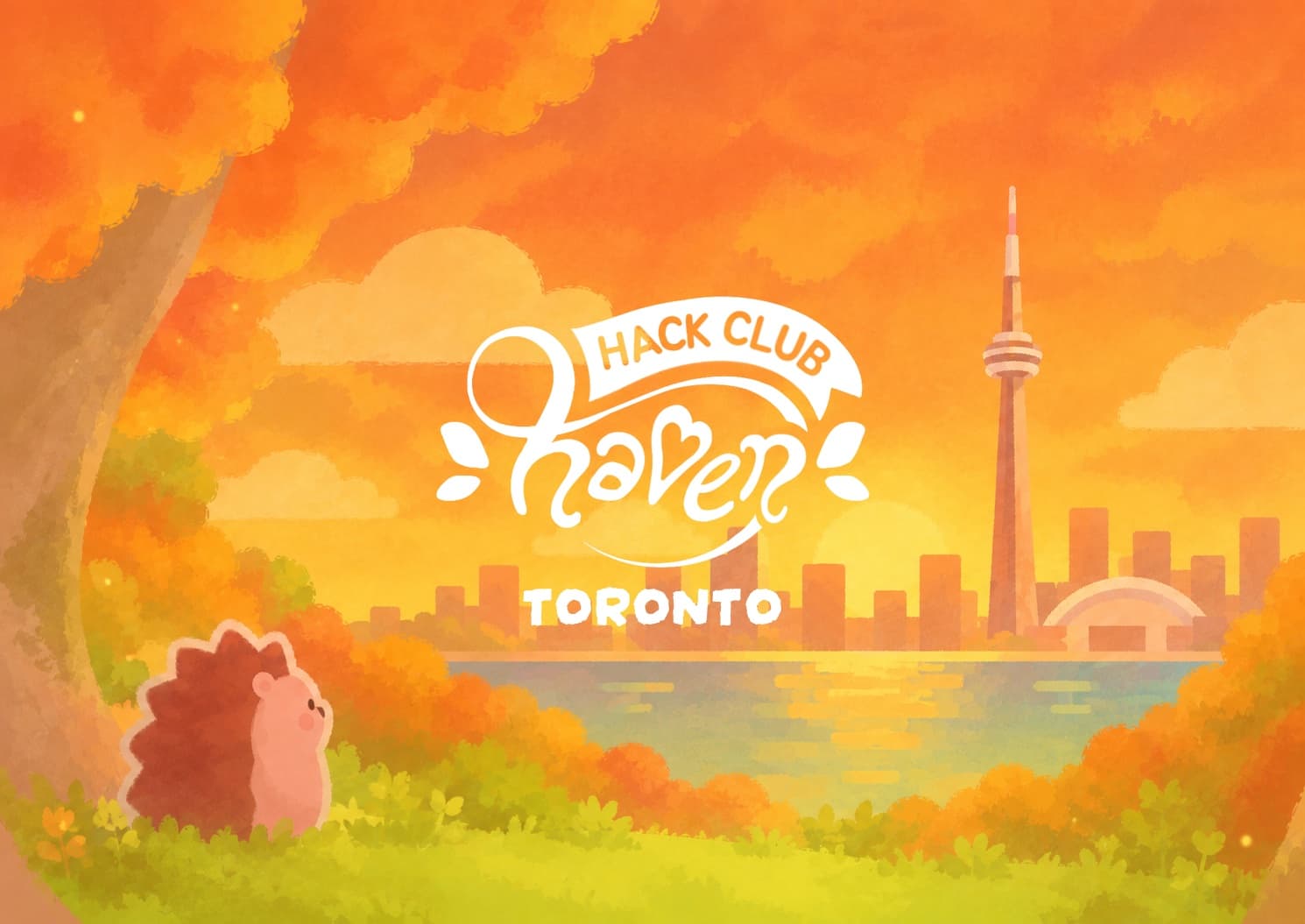 Hack Club Haven Toronto: a hedgehog watching the Toronto skyline at sunset
